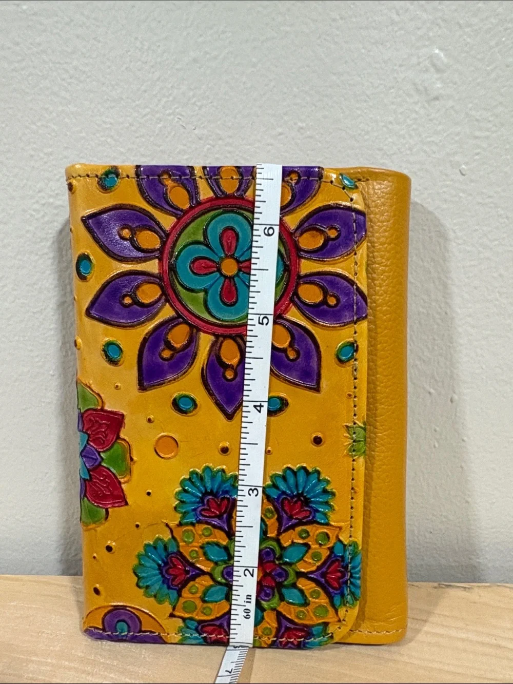 Yellow Floral Embossed Leather Wallet - Hand-Painted Design